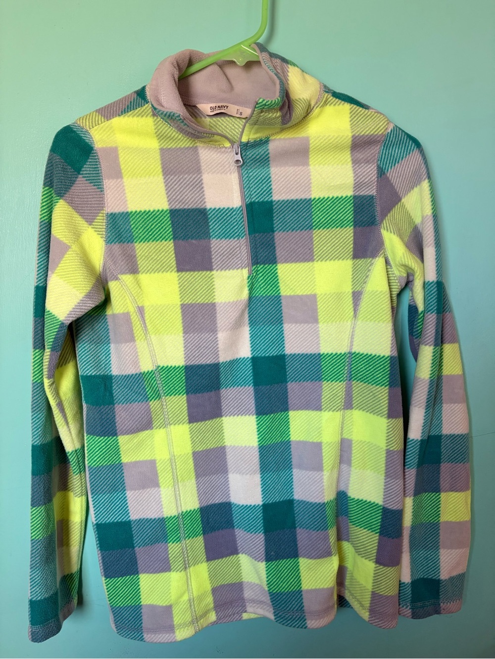 Old Navy Men's Yellow Teal Plaid Full-Zip Fleece Jacket